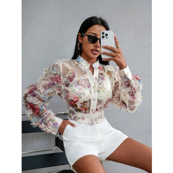 Off White Sheer Floral Ruffle Textured Crop Button Up Blouse Shirt Top - Picture 6 of 11
